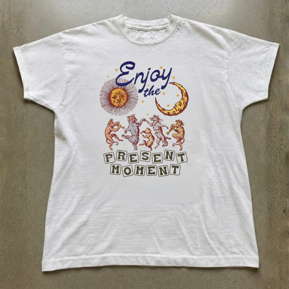 Enjoy the Present Moment Dancing Animals Sun Moon Stars Vintage White T-Shirt